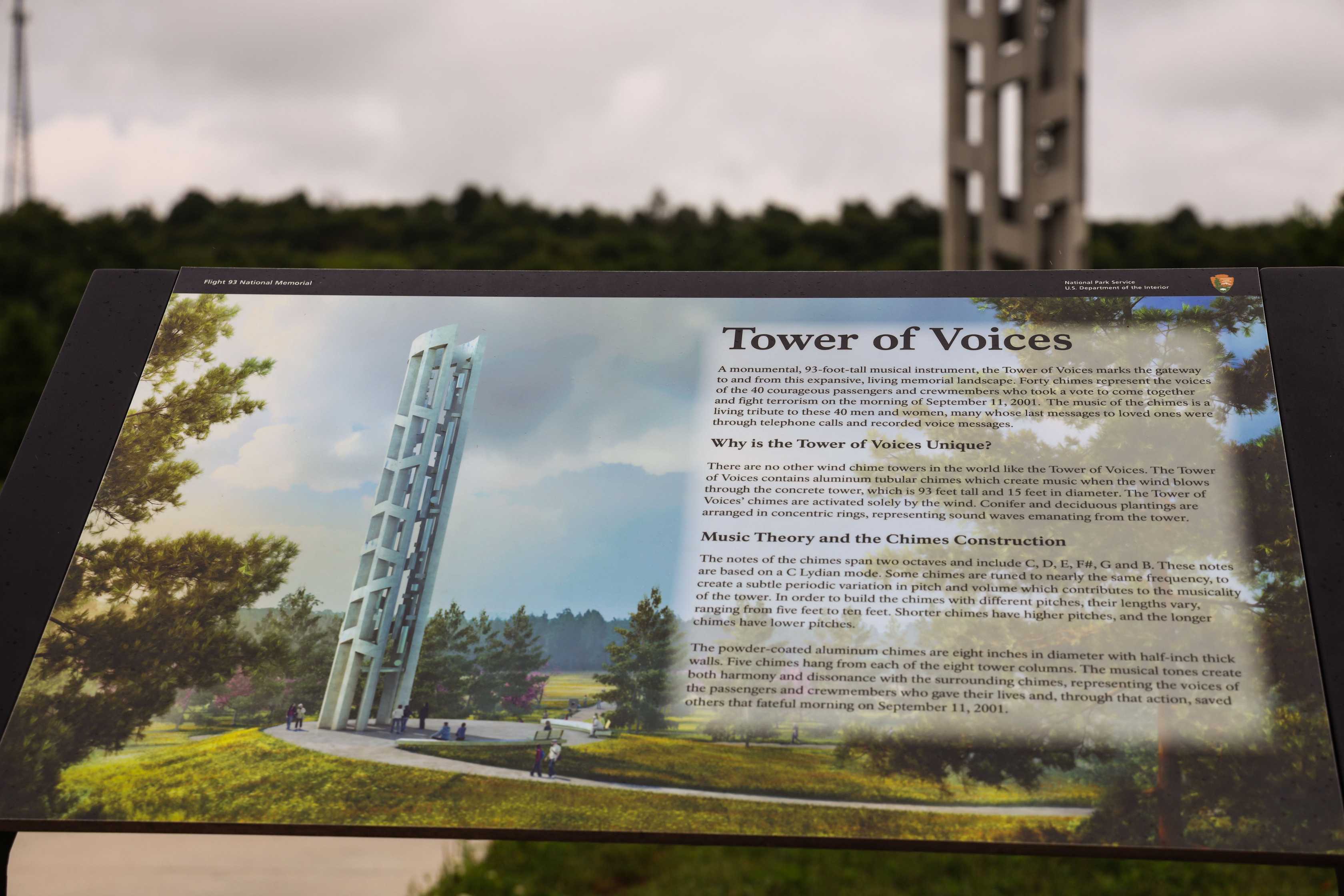 Photo of the Tower of Voices information placard at the Flight 93 National Memorial.